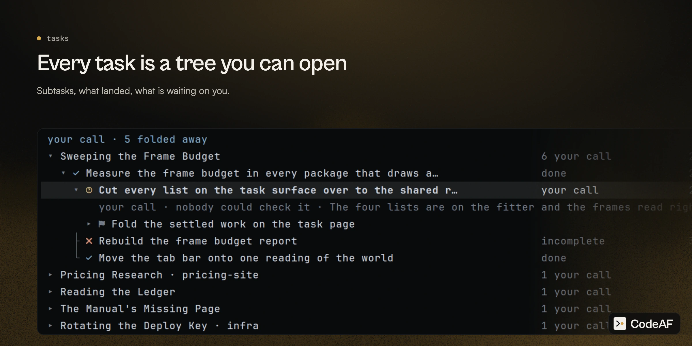 https://github.com/Agent-Field/CodeAF/blob/HEAD/Every task is a tree you can open: the tasks page with a task family unfolded, subtasks marked done, your call and incomplete