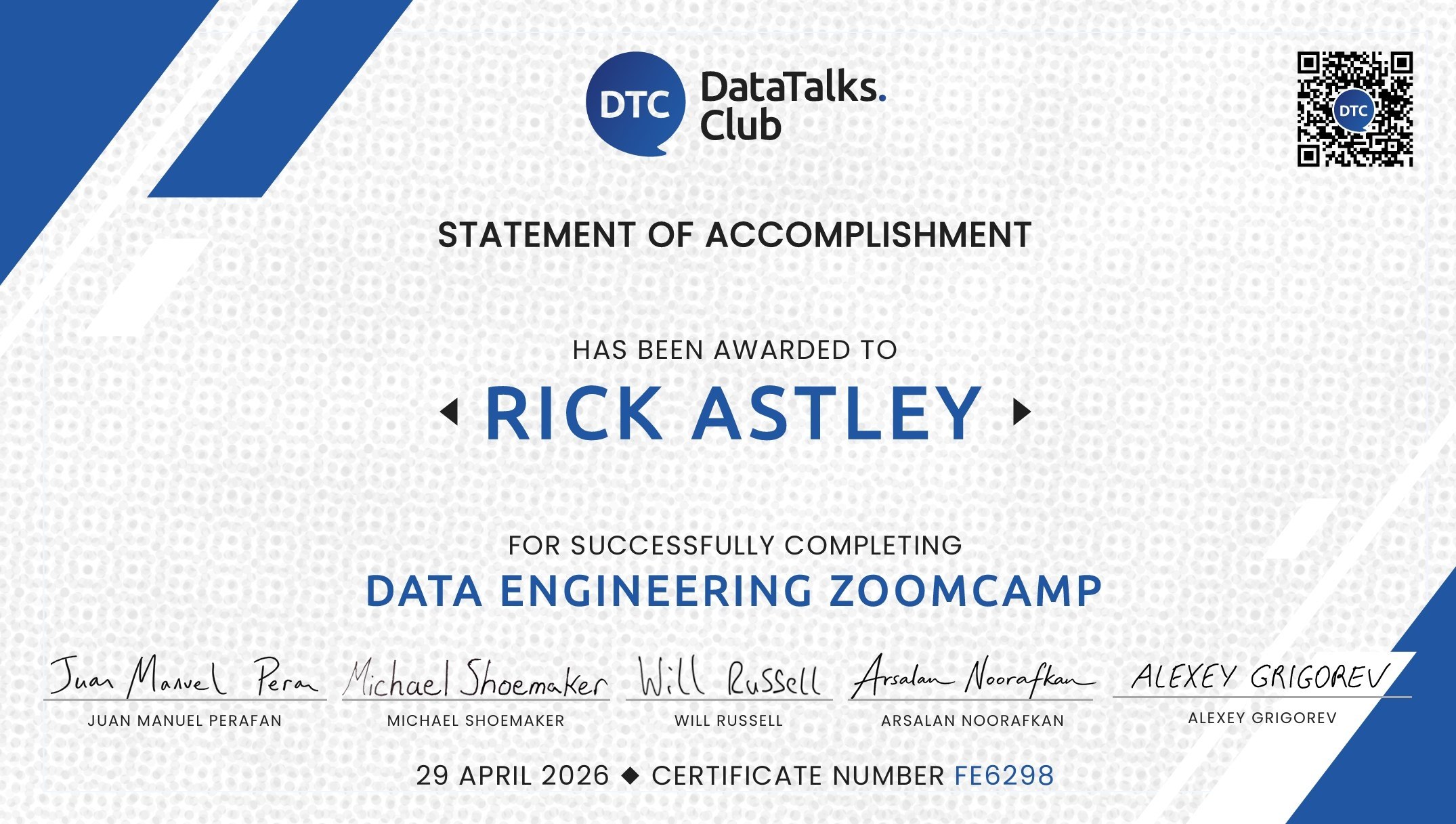 https://github.com/DataTalksClub/data-engineering-zoomcamp/blob/HEAD/Data Engineering Zoomcamp certificate of completion awarded after finishing the final project and peer reviews