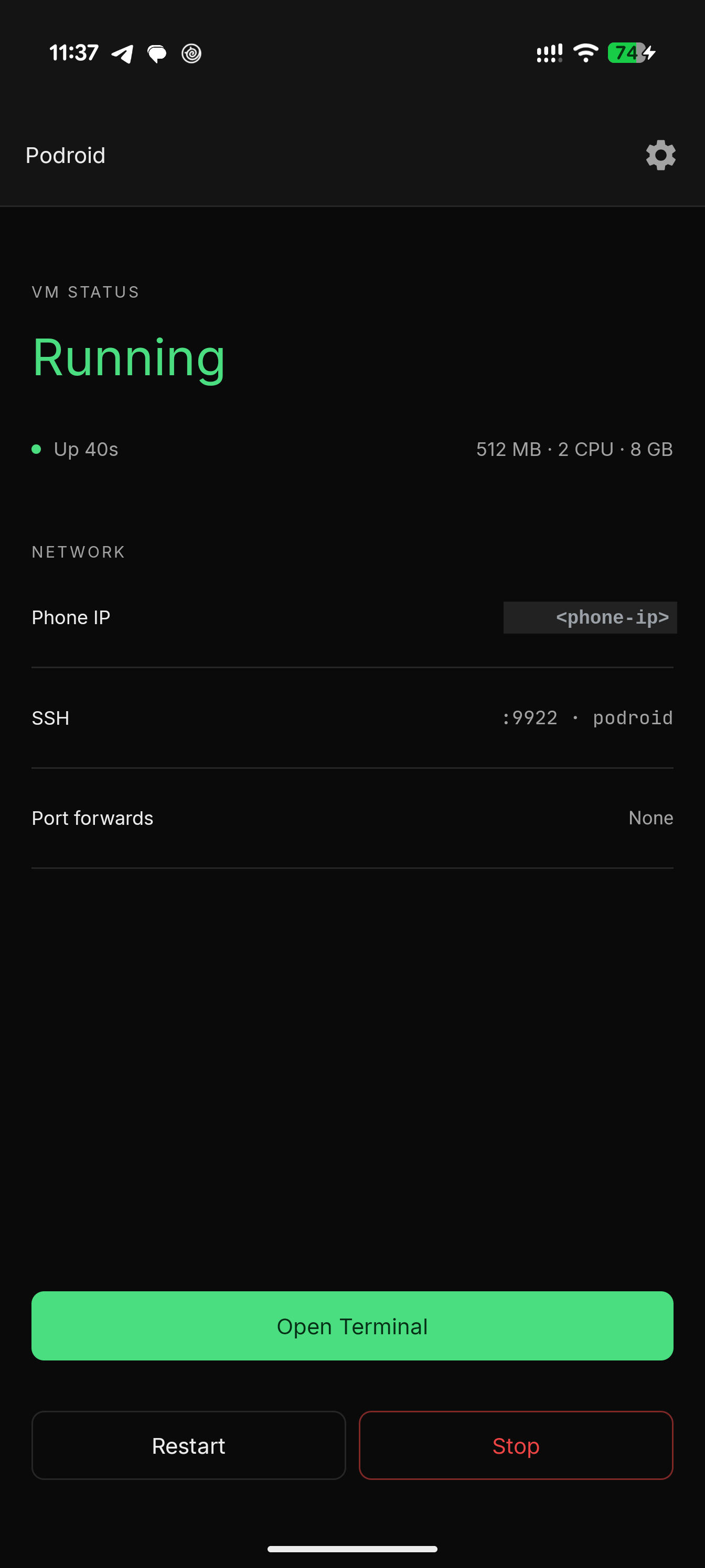 https://github.com/ExTV/Podroid/blob/HEAD/Home screen with the VM running and network info