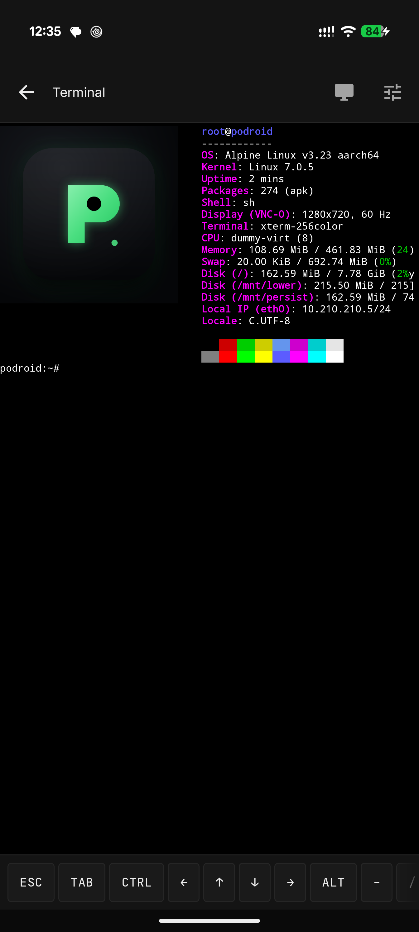 https://github.com/ExTV/Podroid/blob/HEAD/Built-in terminal showing Alpine system info