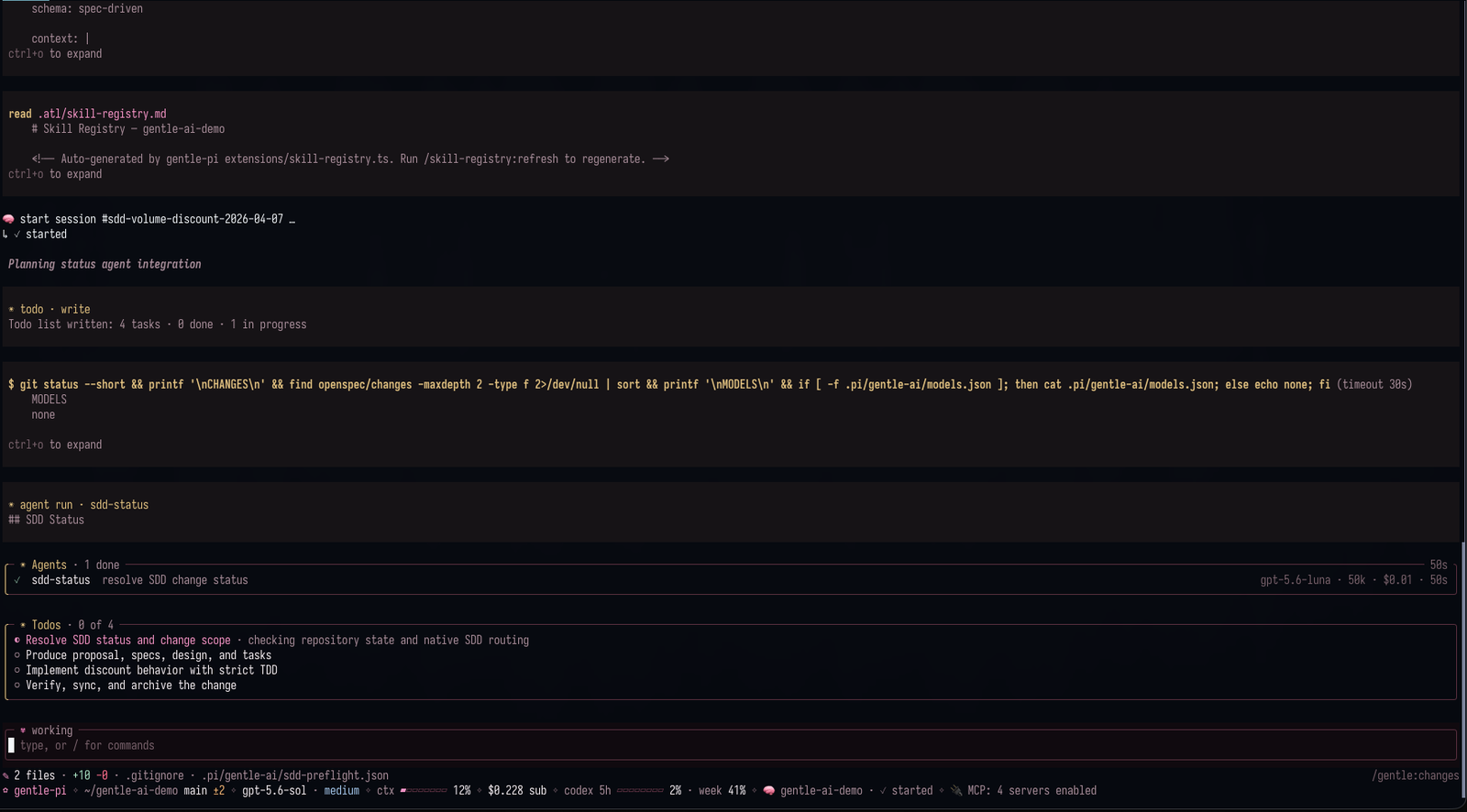 https://github.com/Gentleman-Programming/gentle-ai/blob/HEAD/Gentle Shell running an SDD sub-agent, with the todo list and live context and spend information