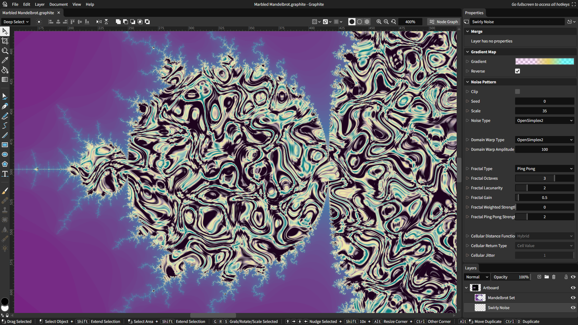 Mandelbrot fractal filled with a noise pattern, procedurally generated and infinitely scalable