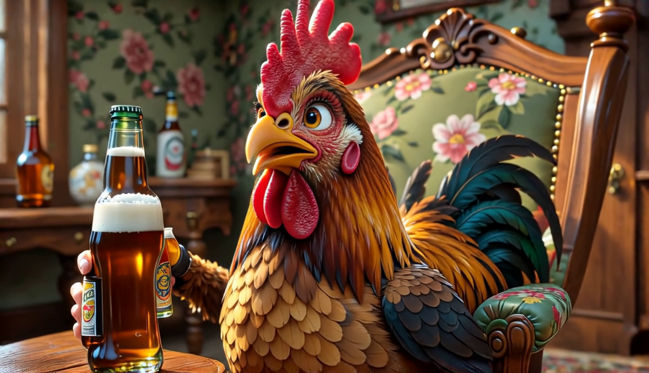 https://github.com/NVlabs/Sana/blob/HEAD/SANA-Video 2.0 5B release demo: a cartoon rooster holding a beer bottle in a floral vintage room