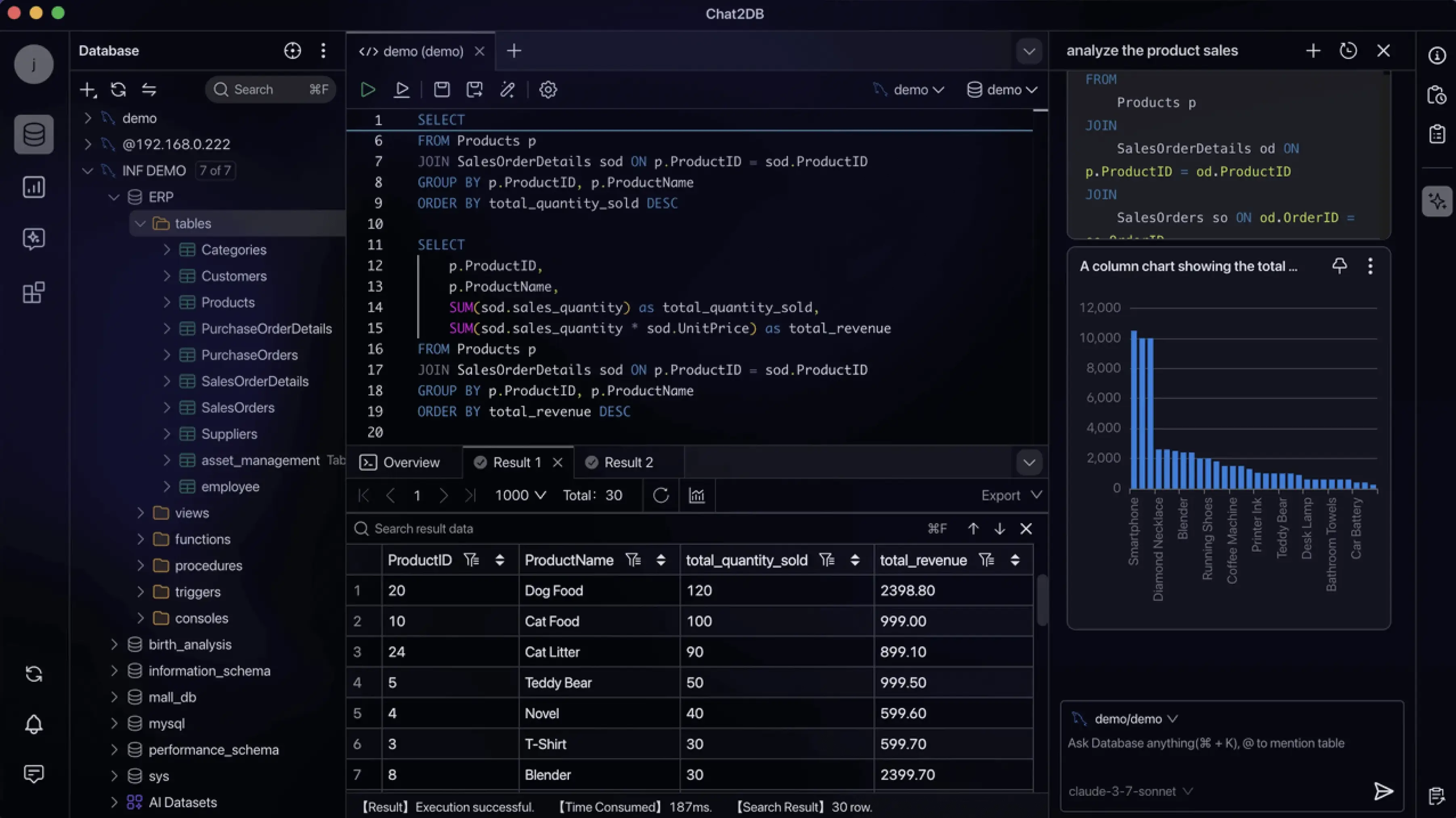 Chat2DB workspace with SQL editor and AI assistant — click to watch the intro video