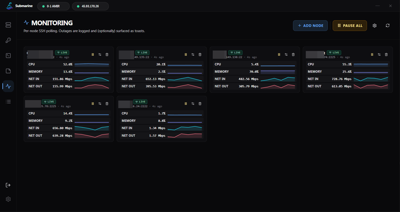 https://github.com/SinaXhpm/Submarine/blob/HEAD/Live monitoring grid: per-server CPU, memory, network-in and network-out sparklines