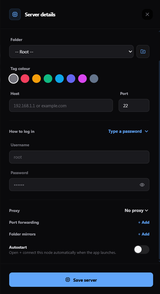 https://github.com/SinaXhpm/Submarine/blob/HEAD/Server details form: folder, tag colour, host/port, login method, proxy, tunnels, mirrors, autostart