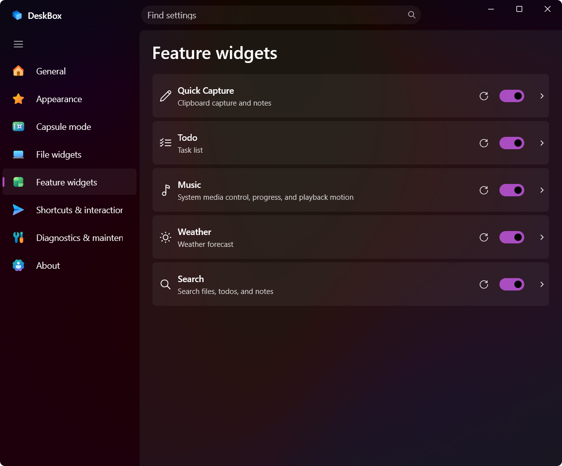 DeskBox Feature widget settings in English