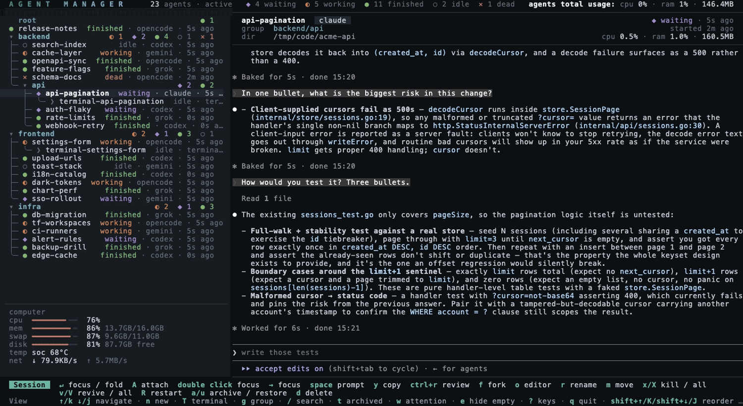 the same full-screen list at the comfortable density: every session on three lines, its task and the agent's last message under the name