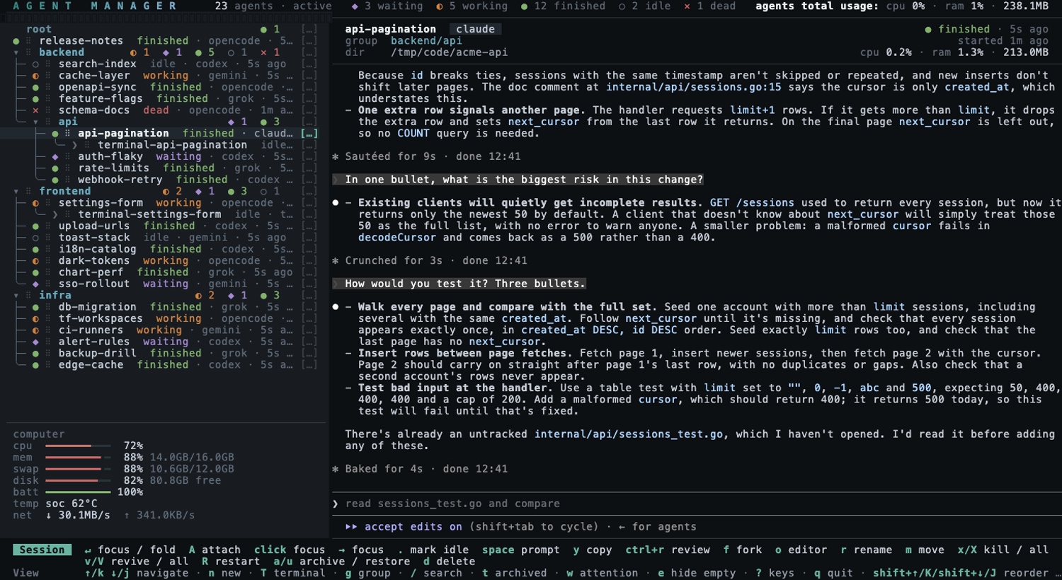 the session tree, with a waiting agent's permission prompt in the preview