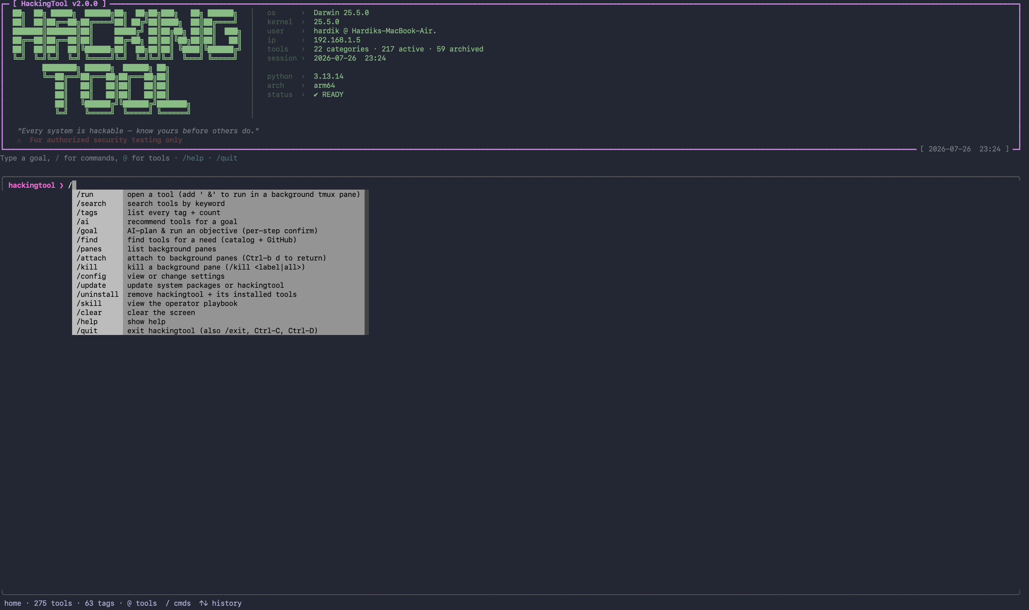 https://github.com/Z4nzu/hackingtool/blob/HEAD/hackingtool console: banner with live system readout and the / command palette