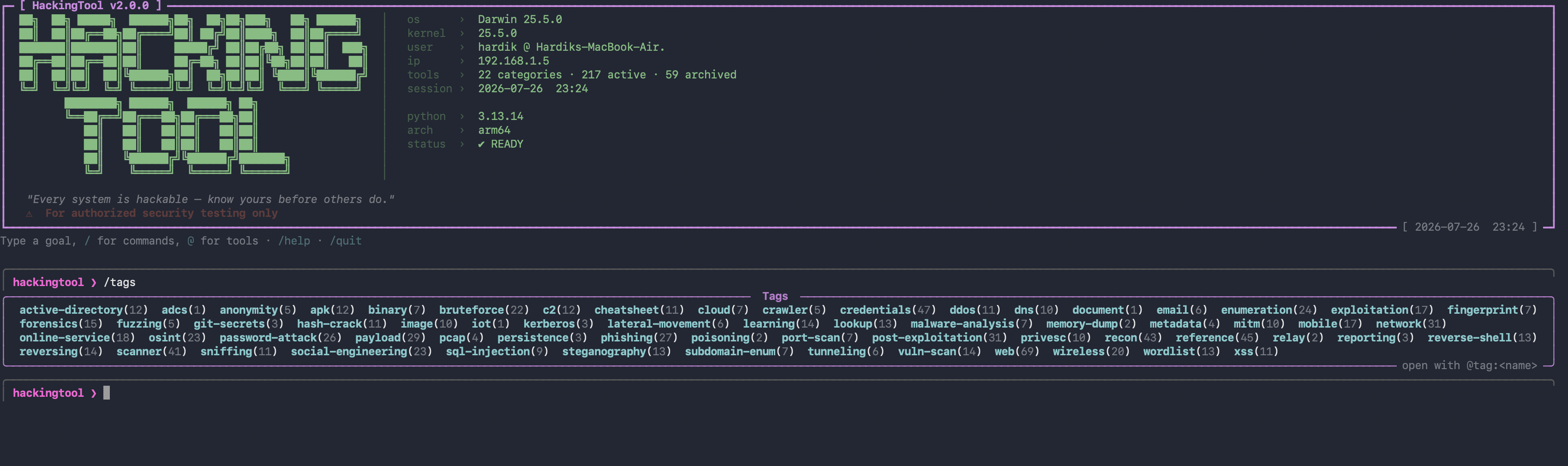 https://github.com/Z4nzu/hackingtool/blob/HEAD/hackingtool /tags — every tag with its tool count