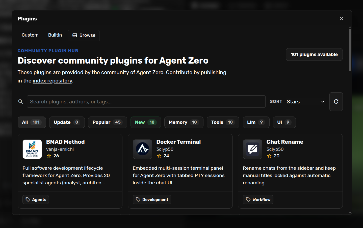 https://github.com/agent0ai/agent-zero/blob/HEAD/Agent Zero Plugin Hub showing community plugins