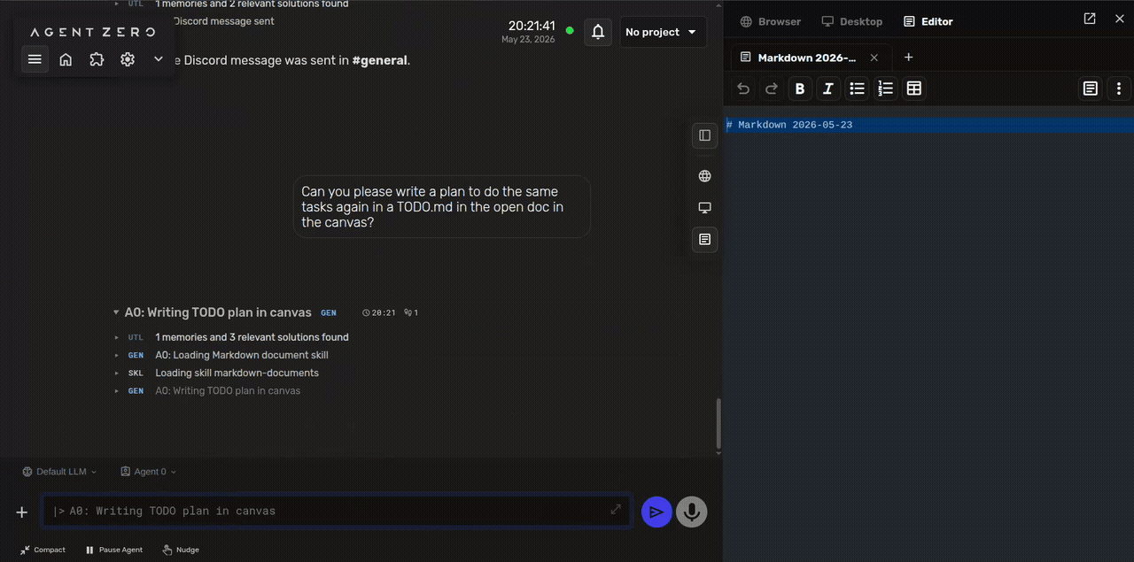 https://github.com/agent0ai/agent-zero/blob/HEAD/Agent Zero writing a TODO plan in the Canvas markdown editor