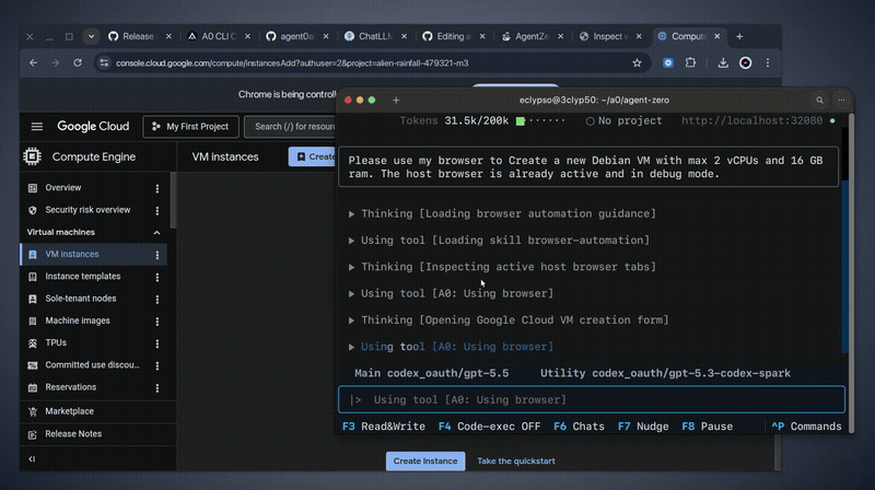 https://github.com/agent0ai/agent-zero/blob/HEAD/A0 CLI driving the host browser through a Google Cloud VM creation flow