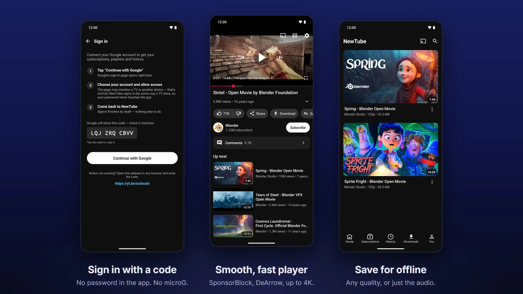 https://github.com/aleixrodriala/newtube/blob/HEAD/Three NewTube screens: the sign-in code, the watch page playing Sintel, and the Downloads tab