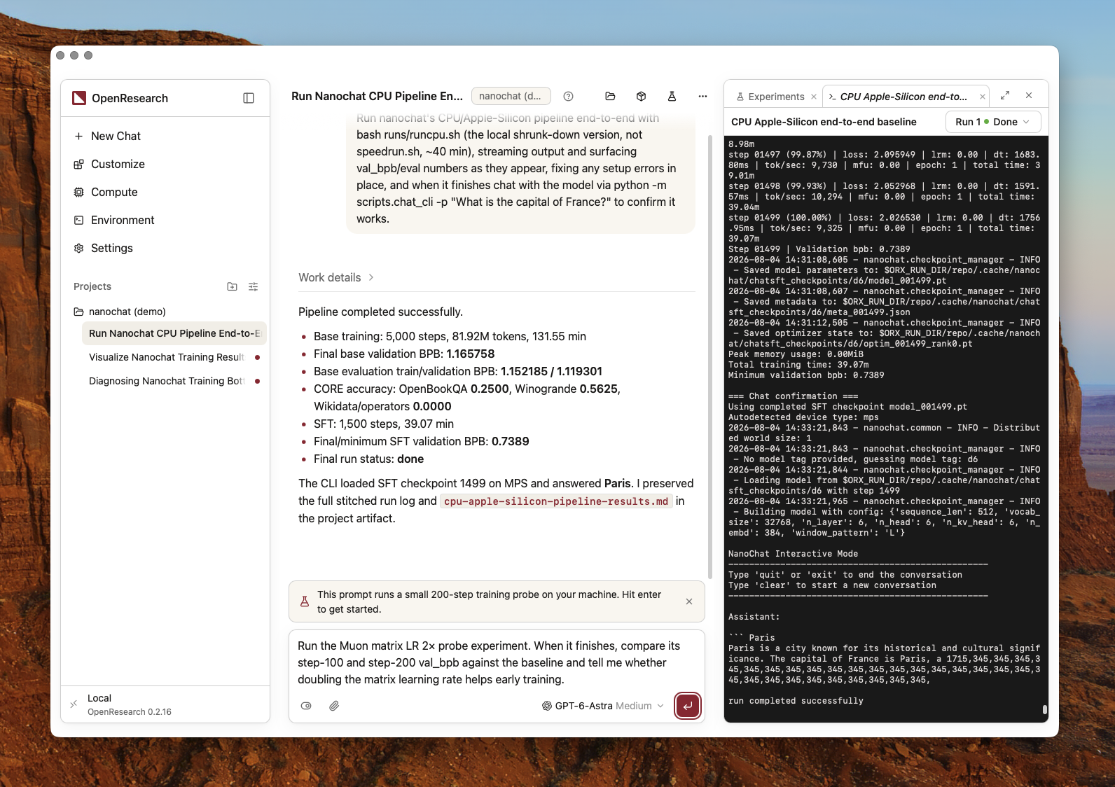 https://github.com/alphaXiv/OpenResearch/blob/HEAD/OpenResearch desktop app showing a research agent conversation and experiment logs
