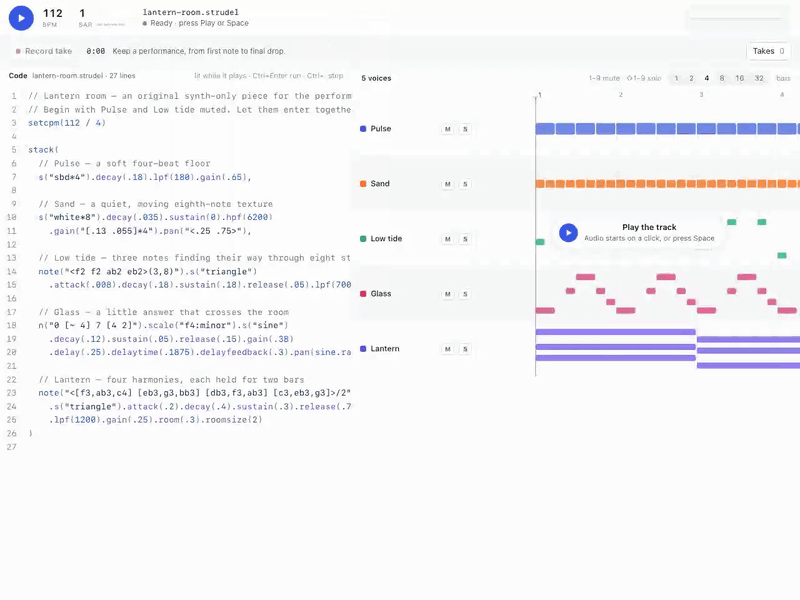 https://github.com/autonomous-ai/openharness/blob/HEAD/A live Strudel performance: voice lanes play beside the code, and the take is kept with markers.