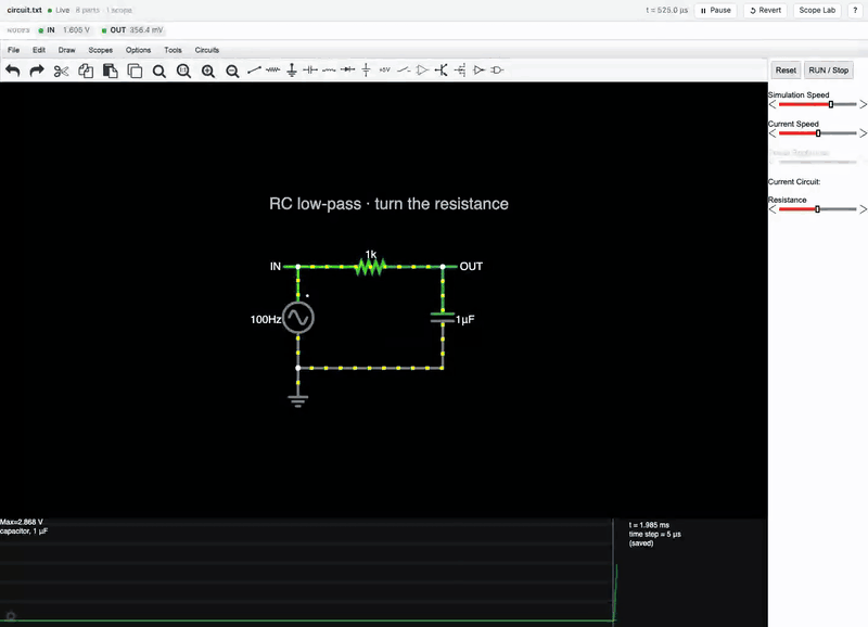 https://github.com/autonomous-ai/openharness/blob/HEAD/Scope Lab in CircuitJS: an RC filter captured at 1 kΩ and 2 kΩ, traces overlaid and measured with cursors.