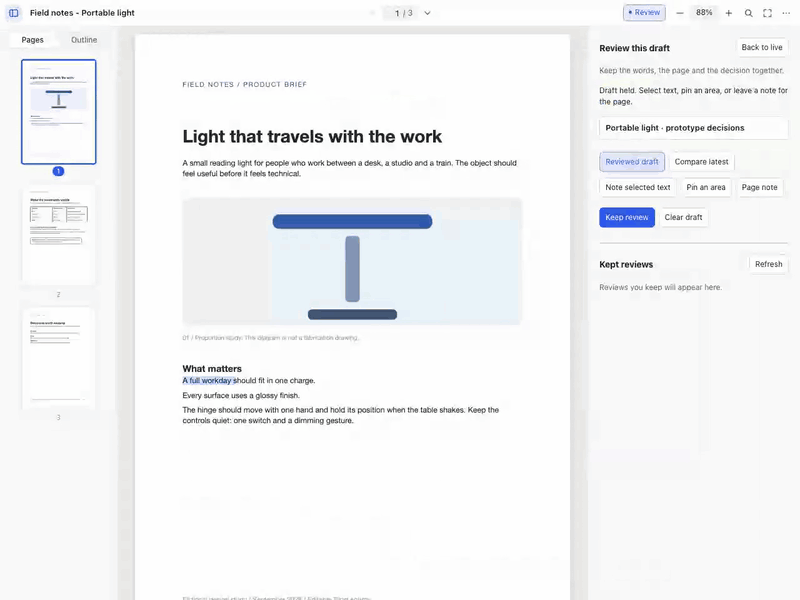 https://github.com/autonomous-ai/openharness/blob/HEAD/A Typst PDF under review: notes are pinned to an area and a sentence, then carried to the next draft.