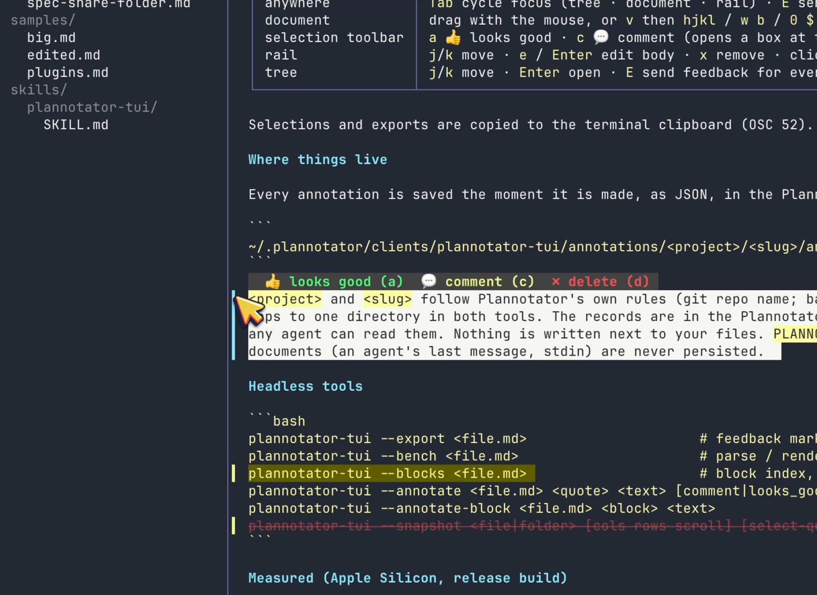 https://github.com/backnotprop/plannotator/blob/HEAD/Plannotator TUI annotating a markdown folder in the terminal