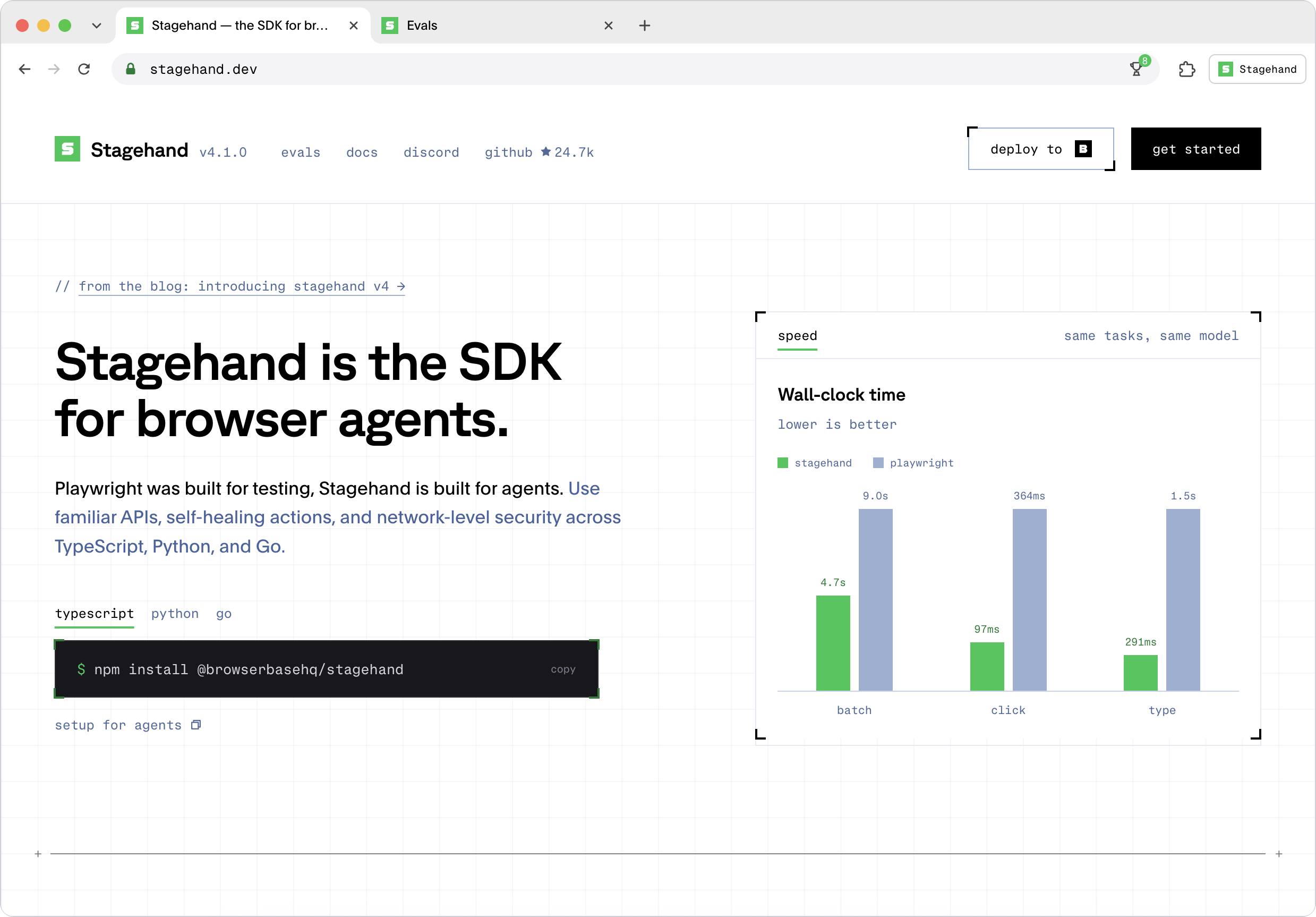 https://github.com/browserbase/stagehand/blob/HEAD/Stagehand homepage showing browser automation in TypeScript, Python, and Go and a speed comparison with Playwright