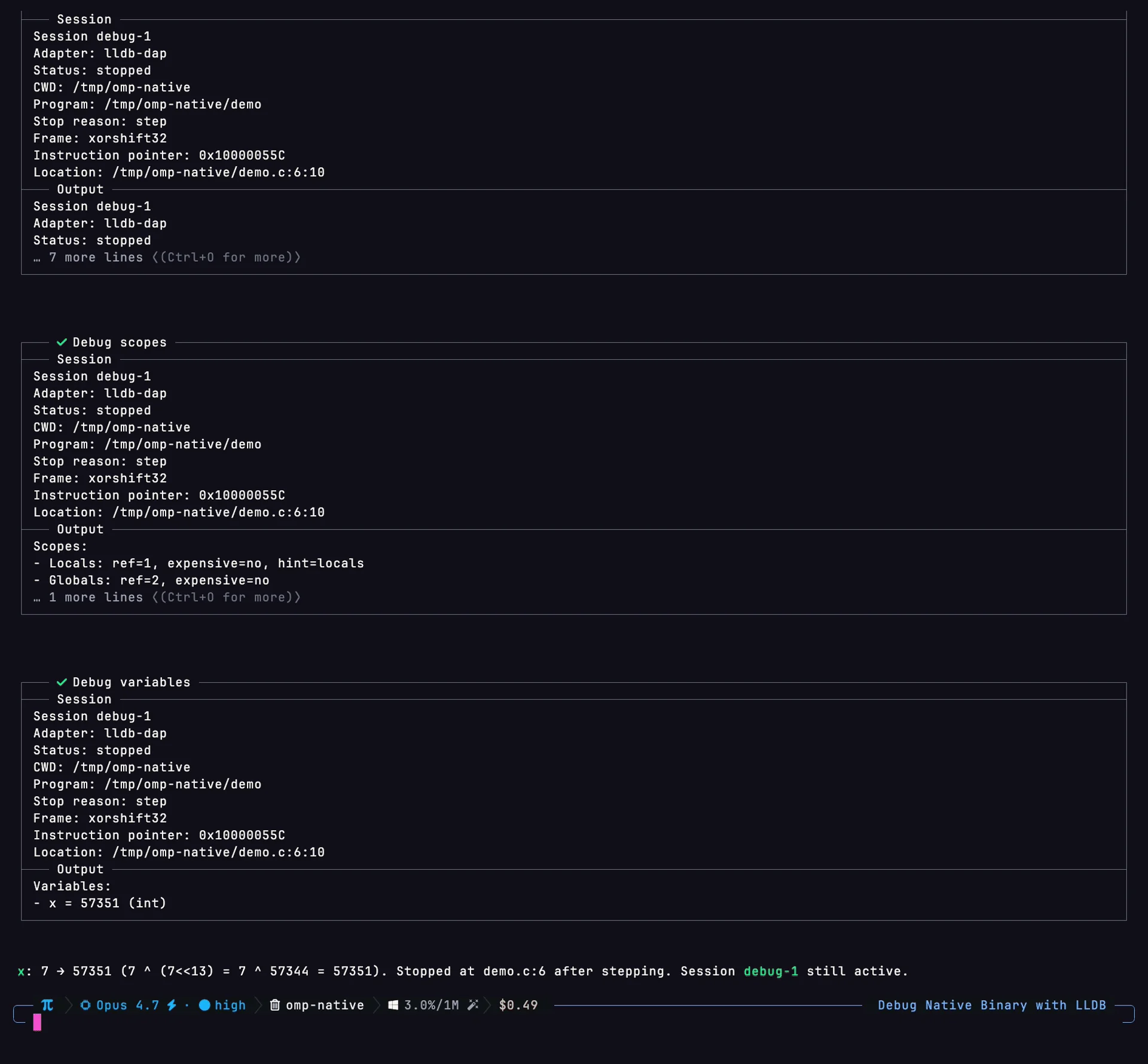 omp TUI: a live lldb-dap session against a native binary at /tmp/omp-native/demo. Adapter=lldb-dap, Status=stopped, Frame=xorshift32, Instruction pointer 0x10000055C, Location demo.c:6:10. Debug scopes and Debug variables cards show locals (x = 57351) and the agent confirms the math: x went from 7 → 57351 (= 7 ^ (7<<13)).