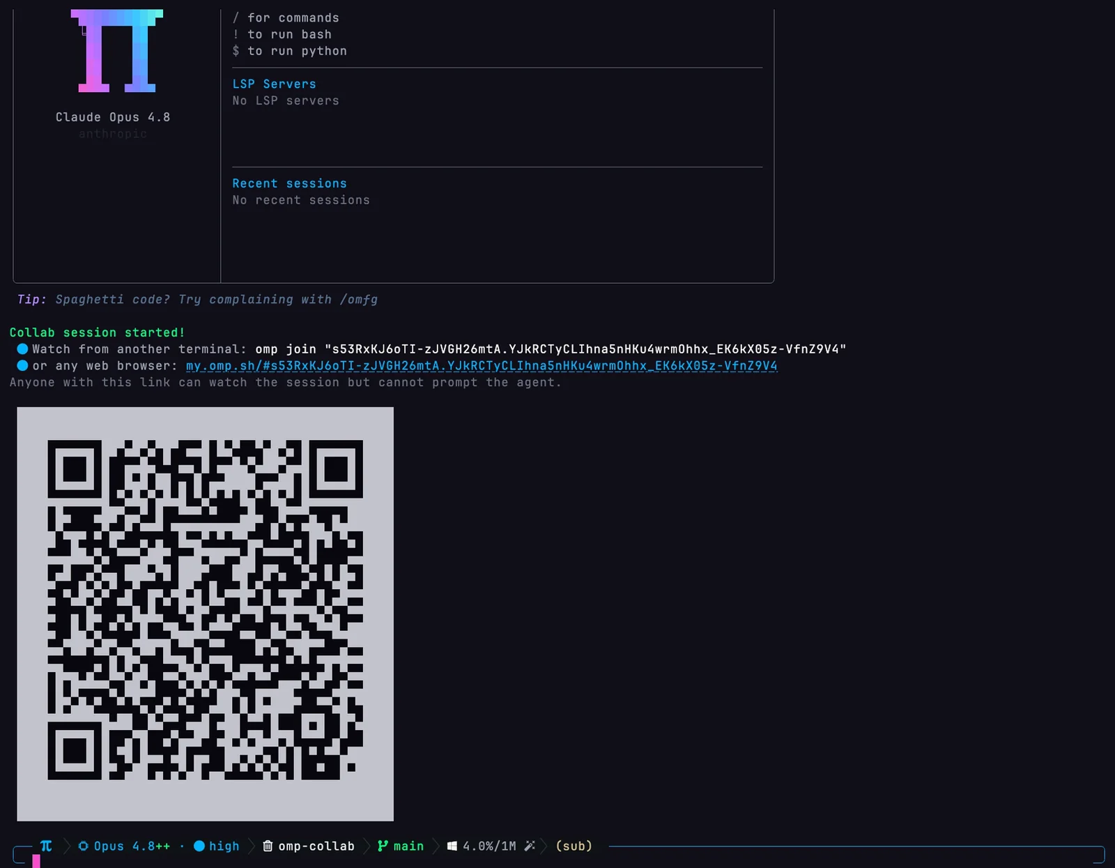 omp TUI: /collab view prints 'Collab session started!' with an omp join command, a my.omp.sh browser link, the note 'Anyone with this link can watch the session but cannot prompt the agent', and a large scannable QR code.