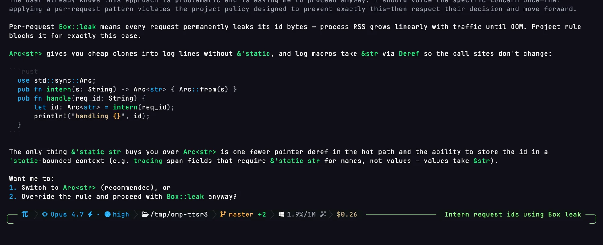 omp TUI: agent reading src.rs and about to write Box::leak when the request aborts (red <code>Error: Request was aborted</code>), an amber <code>⚠ Injecting rule: box-leak</code> card injects the rule body <code>Don't reach for Box::leak in production code paths</code>, and the agent then course-corrects by proposing <code>Arc</code> and asking the user to confirm.