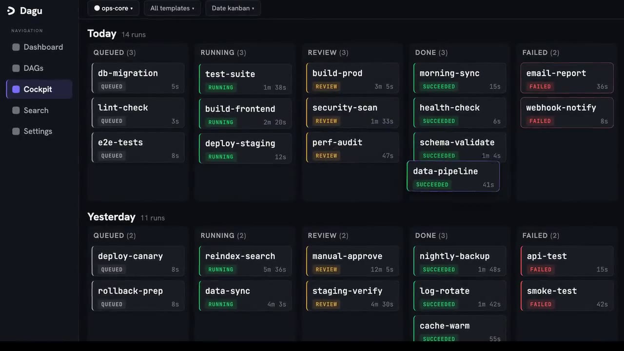 https://github.com/dagucloud/dagu/blob/HEAD/Dagu Cockpit showing queued, running, completed, and failed workflow runs