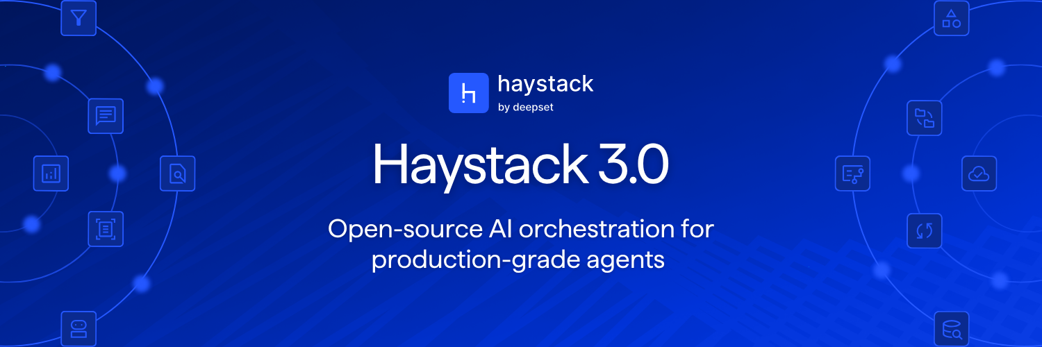 https://github.com/deepset-ai/haystack/blob/HEAD/Blue banner with the Haystack logo and the text ‘haystack by deepset – The Open Source AI Framework for Production Ready RAG & Agents’ surrounded by abstract icons representing search, documents, agents, pipelines, and cloud systems.