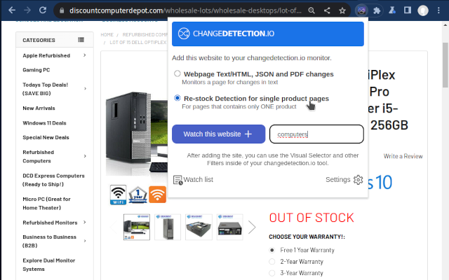 https://github.com/dgtlmoon/changedetection.io/blob/HEAD/Chrome Extension to easily add the current web-page to detect a change.