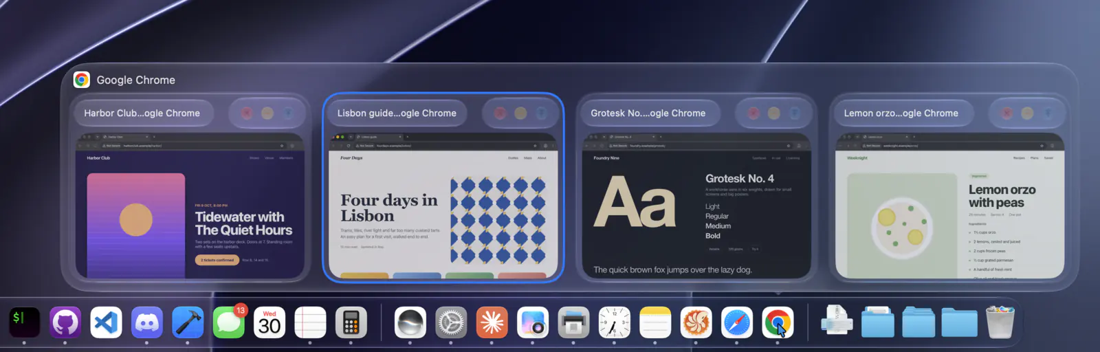 A Dock preview with window controls above each thumbnail