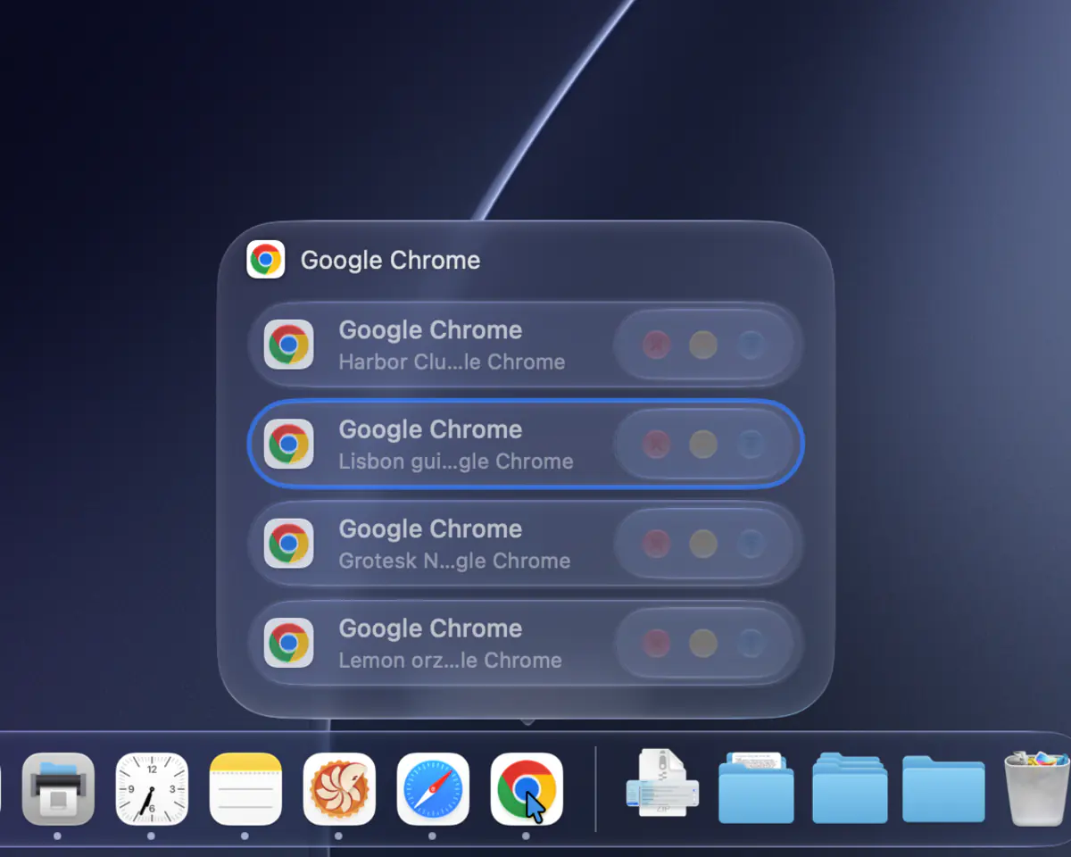 https://github.com/ejbills/DockDoor/blob/HEAD/Four windows shown as a compact list of titles