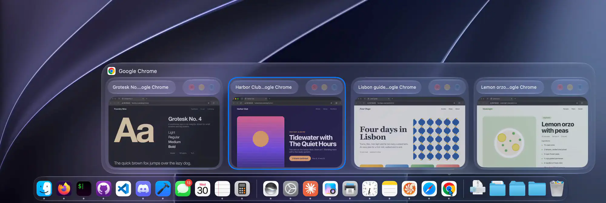DockDoor showing four Chrome windows as live previews above the Dock