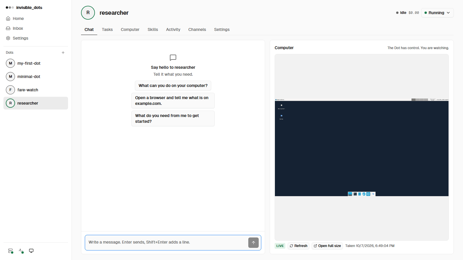 https://github.com/feder-cr/invisible_dots/blob/HEAD/A real Dot at work: asked in its chat to open github.com/trending and the day's top repository, it opens Firefox on its own computer, which the Computer tab shows live, reads the trending list and the repository's page, and answers in the chat with what the repository does and its stars.