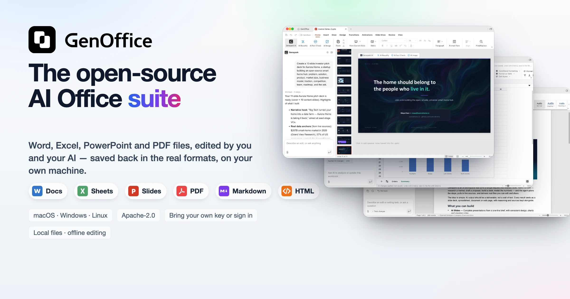 https://github.com/genspark-ai/genoffice/blob/HEAD/GenOffice — the open-source AI Office suite: Docs, Sheets, Slides, PDF, Markdown and HTML with a built-in AI panel