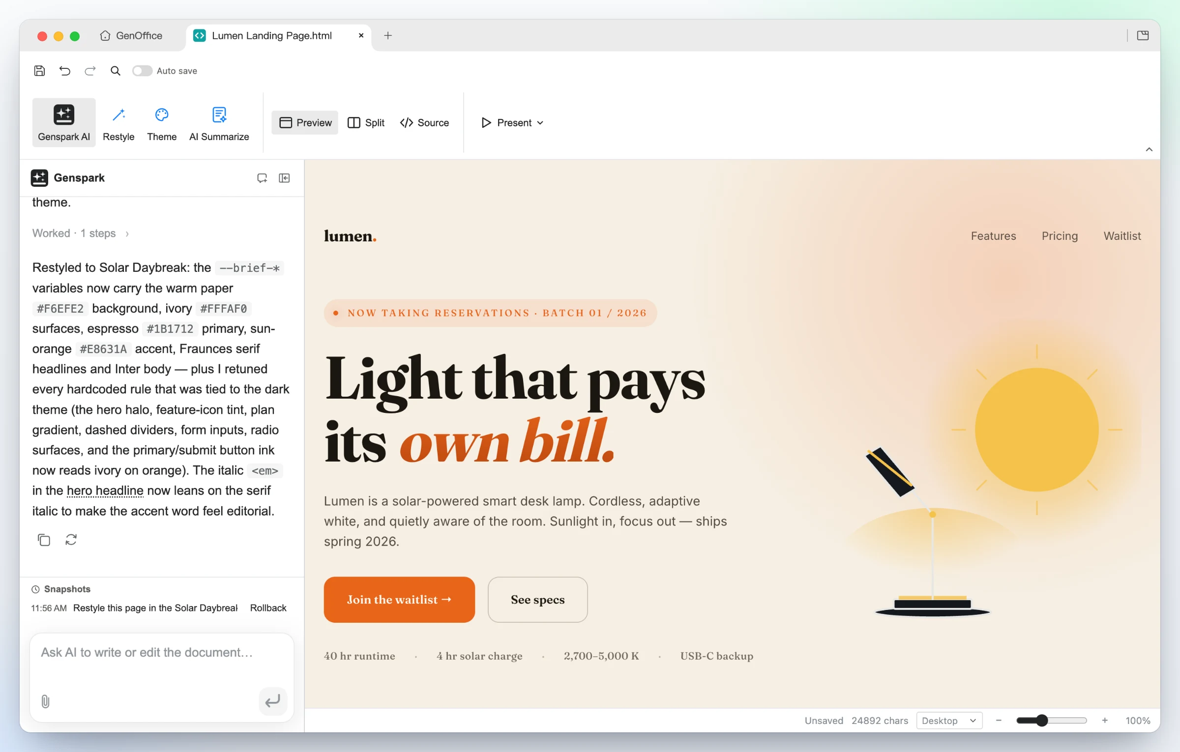 https://github.com/genspark-ai/genoffice/blob/HEAD/The same Lumen landing page restyled by the AI into the warm Solar Daybreak direction: paper background, serif headlines and an orange accent, with every section and all copy kept