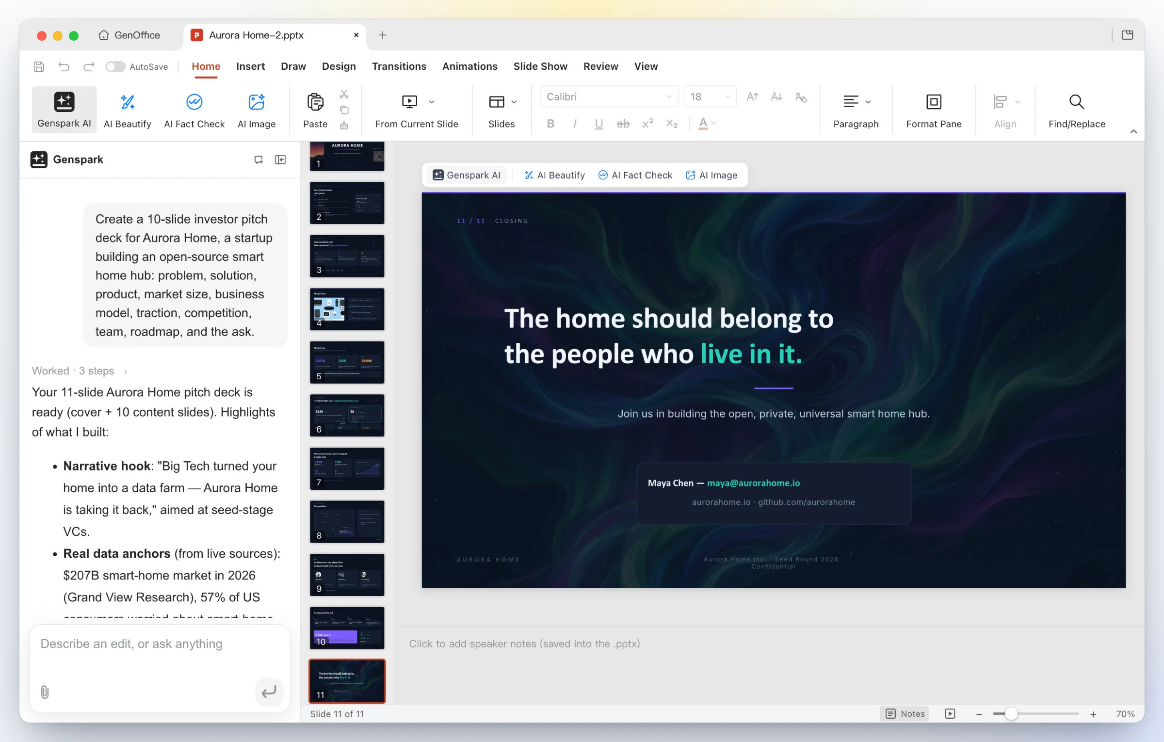 https://github.com/genspark-ai/genoffice/blob/HEAD/GenOffice Slides: the designed closing slide of the same 11-slide deck, with the thumbnail strip on the left and the AI panel summarizing the storyline