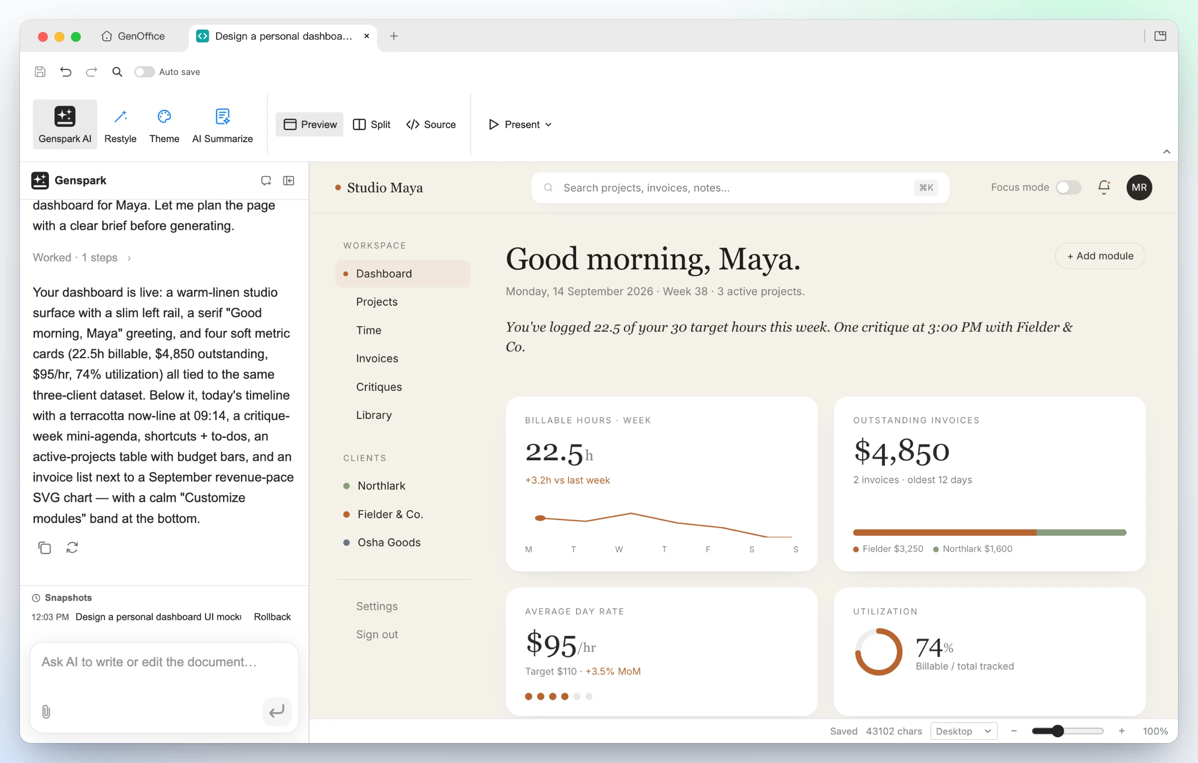 https://github.com/genspark-ai/genoffice/blob/HEAD/GenOffice HTML: a generated personal dashboard UI for a freelance designer in a warm linen style, with a left rail, serif greeting and four metric cards