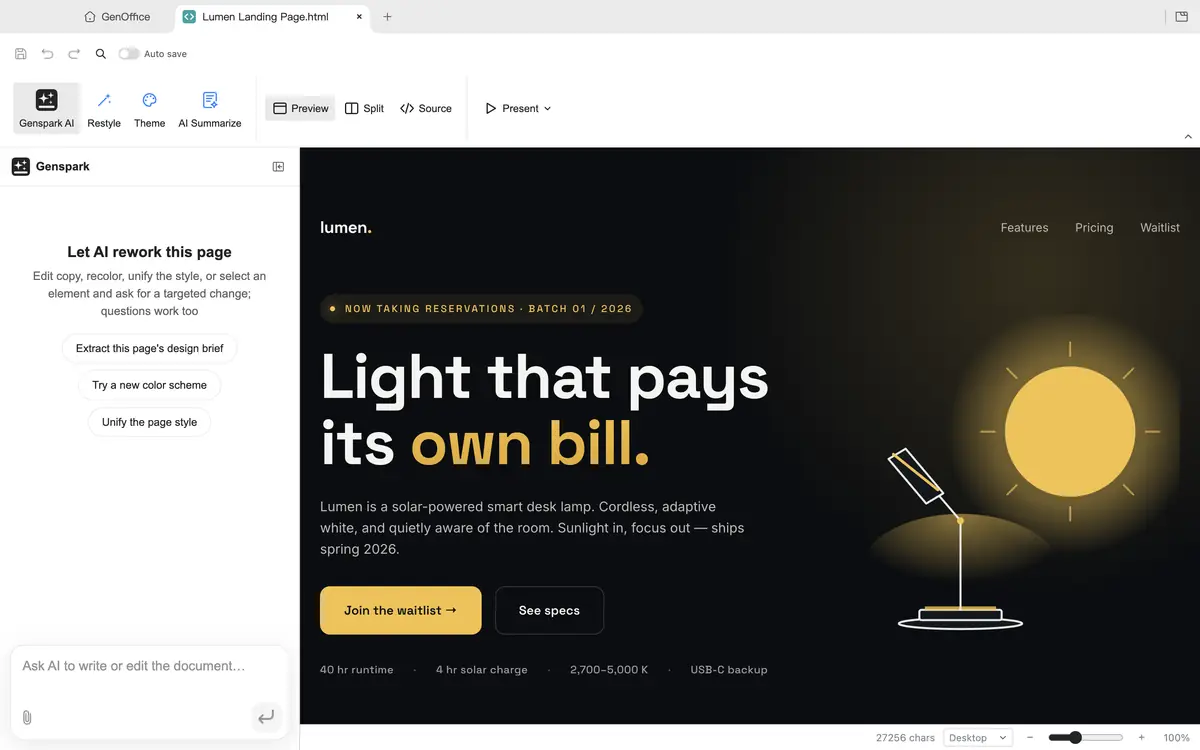 https://github.com/genspark-ai/genoffice/blob/HEAD/Time-lapse of GenOffice HTML restyling the Lumen landing page: one Restyle request in the panel turns the dark Midnight Studio page into the warm Solar Daybreak version while every section and all copy stay in place