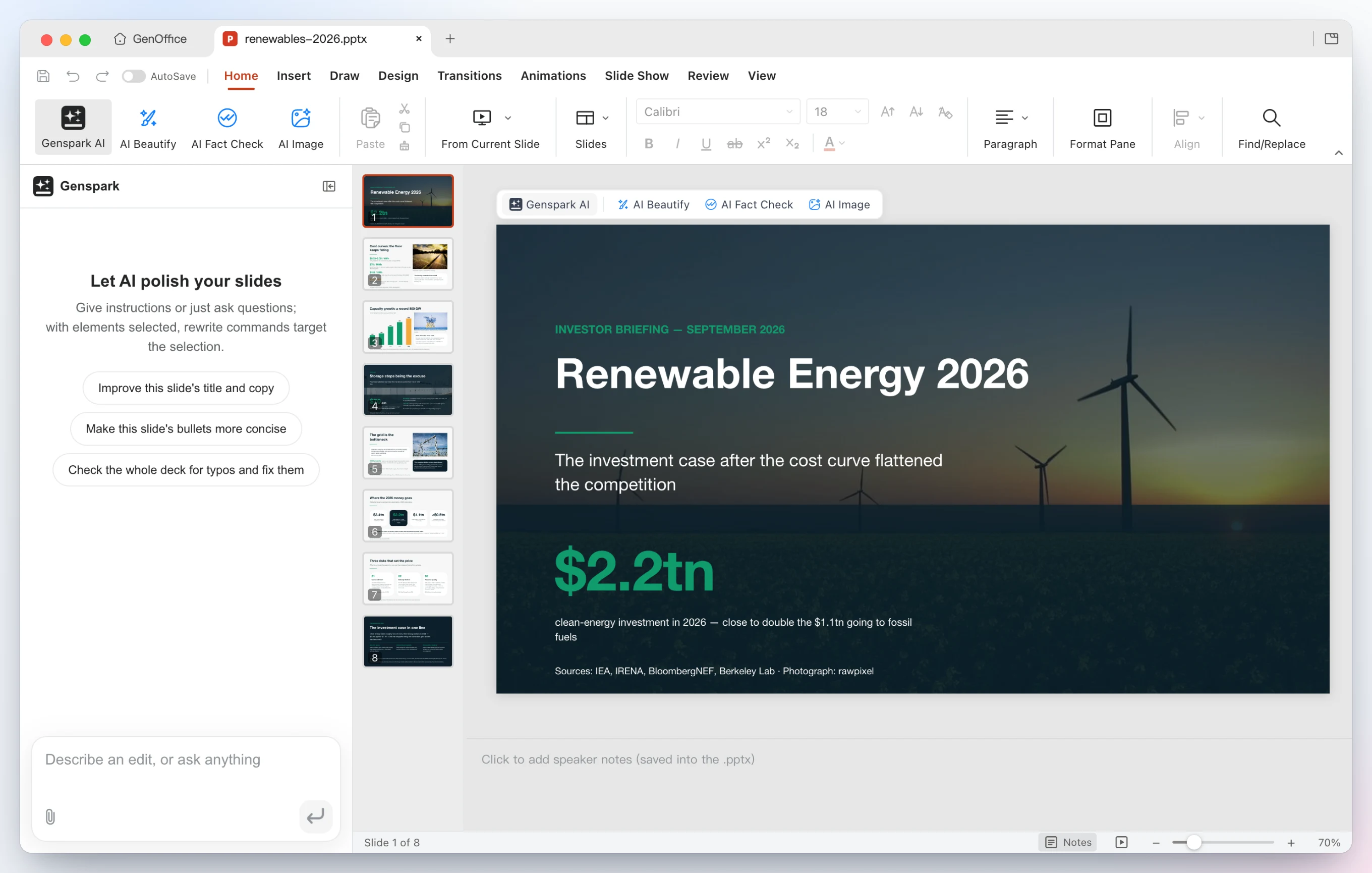 https://github.com/genspark-ai/genoffice/blob/HEAD/GenOffice Slides showing the eight-slide Renewable Energy 2026 deck that Claude Code built through the genoffice MCP server: the cover slide with a wind-farm photograph on the canvas and eight thumbnails on the left