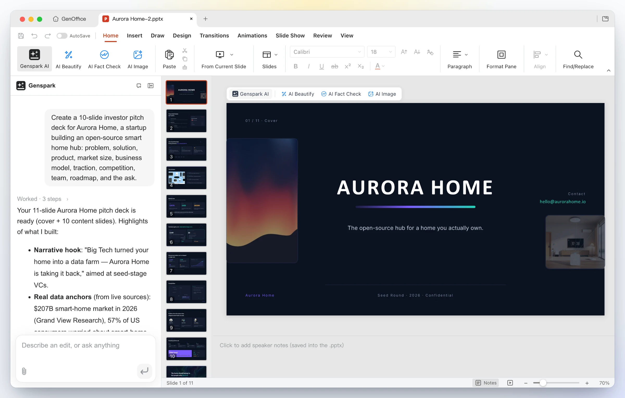 https://github.com/genspark-ai/genoffice/blob/HEAD/GenOffice Slides: the cover slide of an AI-generated Aurora Home investor deck on the canvas, with the original one-line prompt and the AI's summary of what it built in the panel