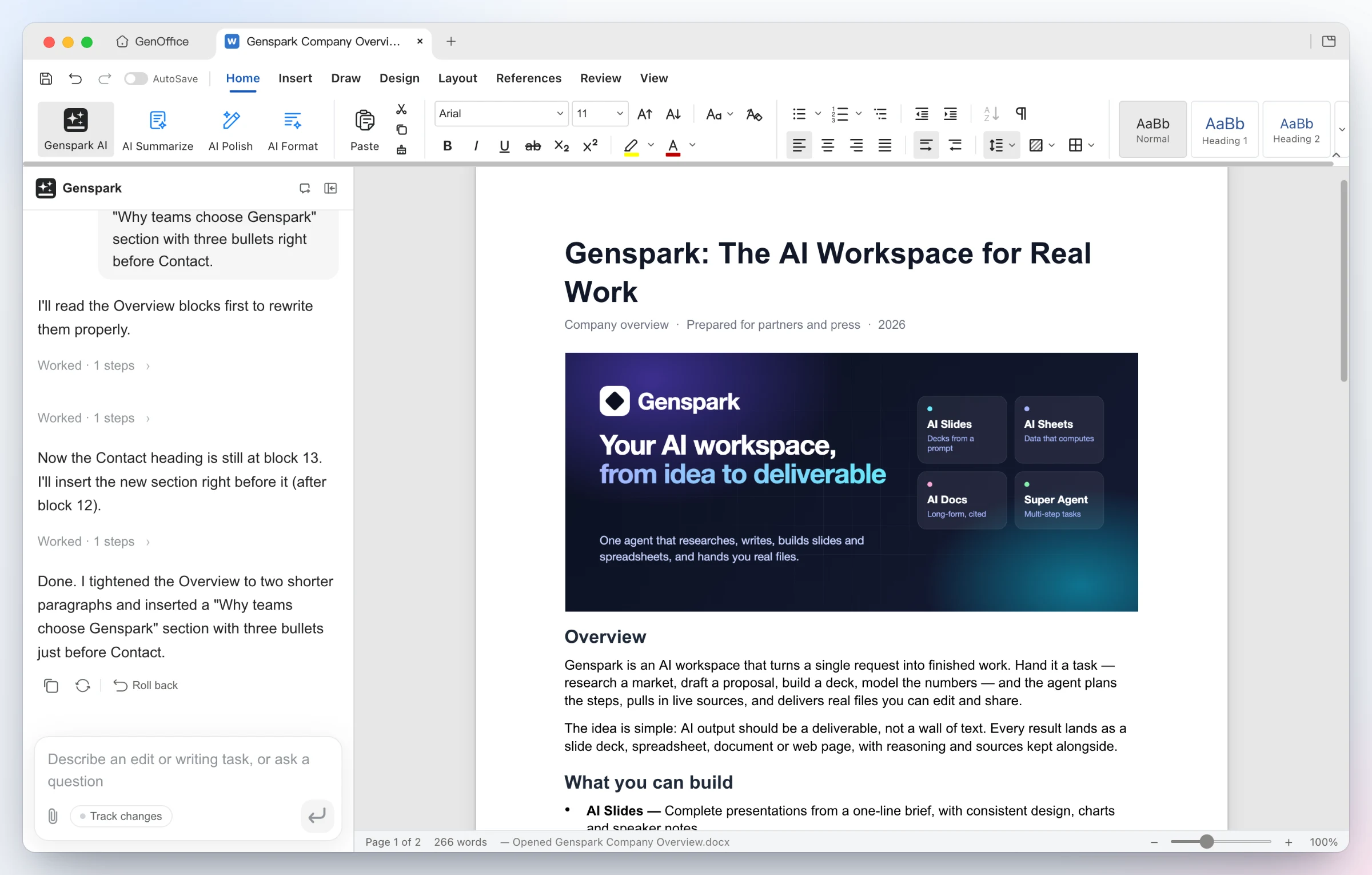 https://github.com/genspark-ai/genoffice/blob/HEAD/GenOffice Docs: a company overview with a banner image; the AI tightened the Overview and inserted a new bulleted section, and the panel offers a one-click roll back