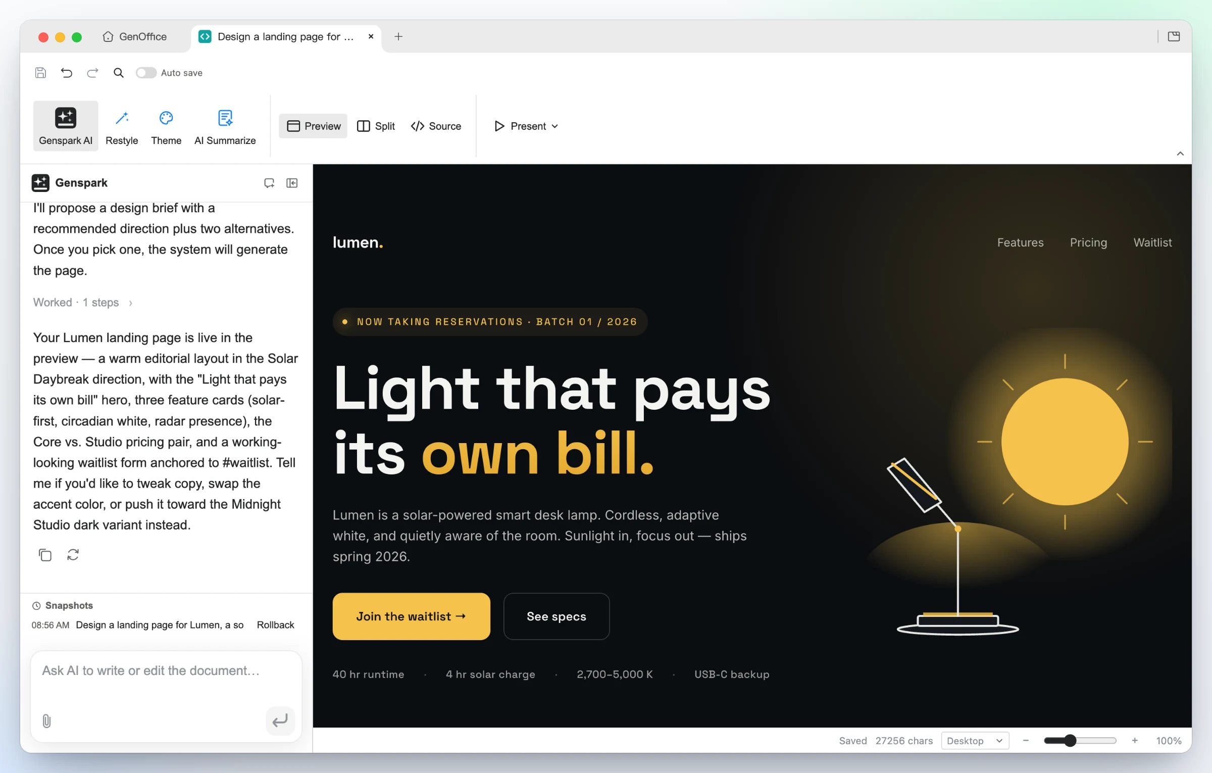 https://github.com/genspark-ai/genoffice/blob/HEAD/GenOffice HTML: a generated landing page for a solar desk lamp in the dark Midnight Studio direction, shown in the live preview with the AI panel summarizing the page it just built