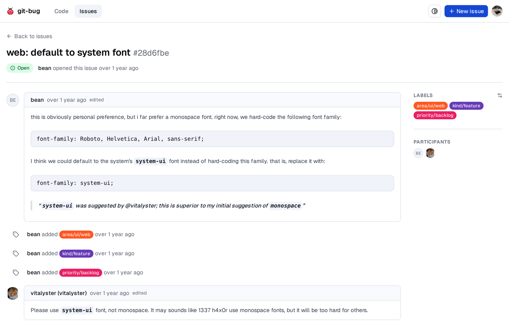 https://github.com/git-bug/git-bug/blob/HEAD/An issue with its comments and timeline