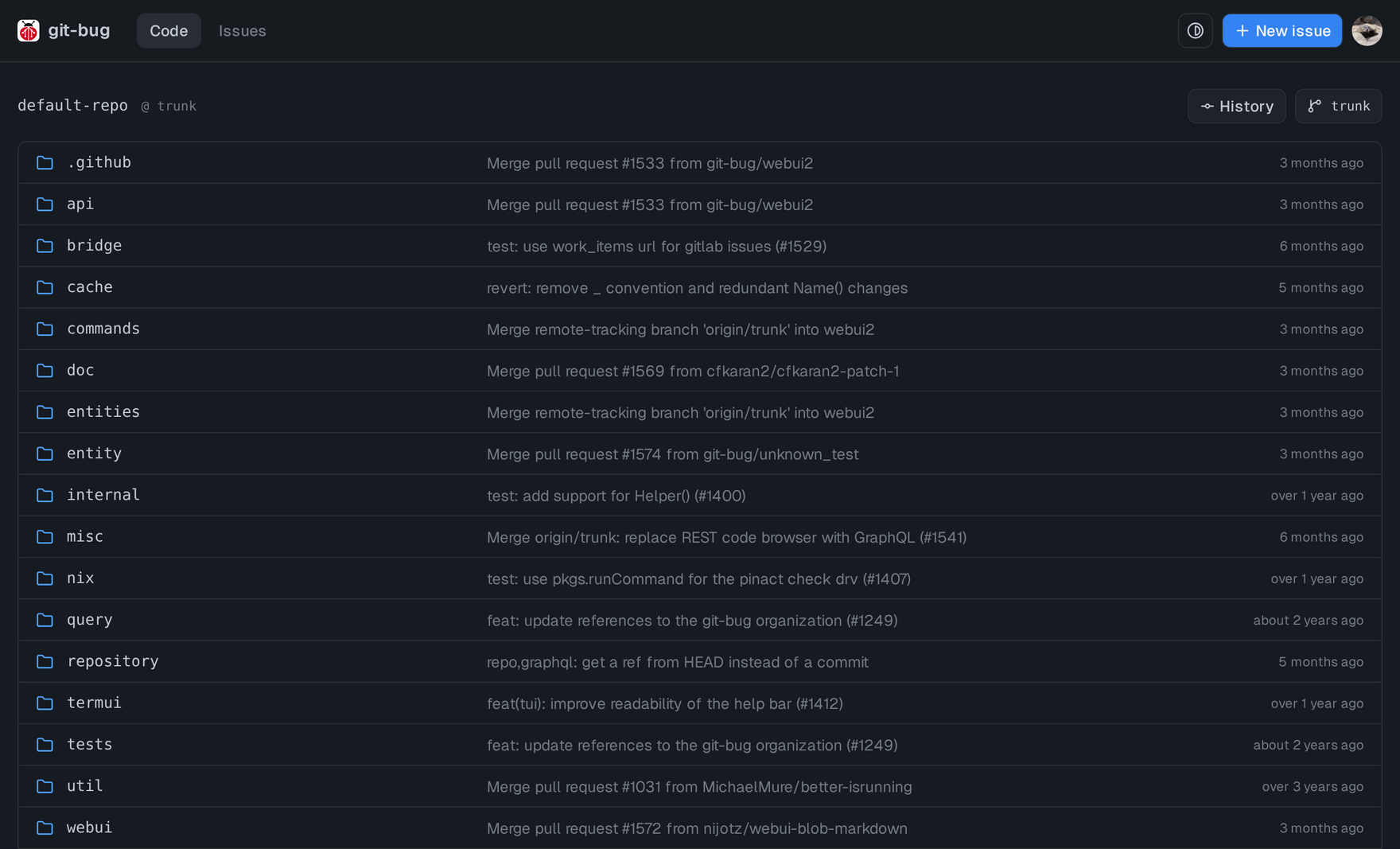 https://github.com/git-bug/git-bug/blob/HEAD/Browsing the repository code
