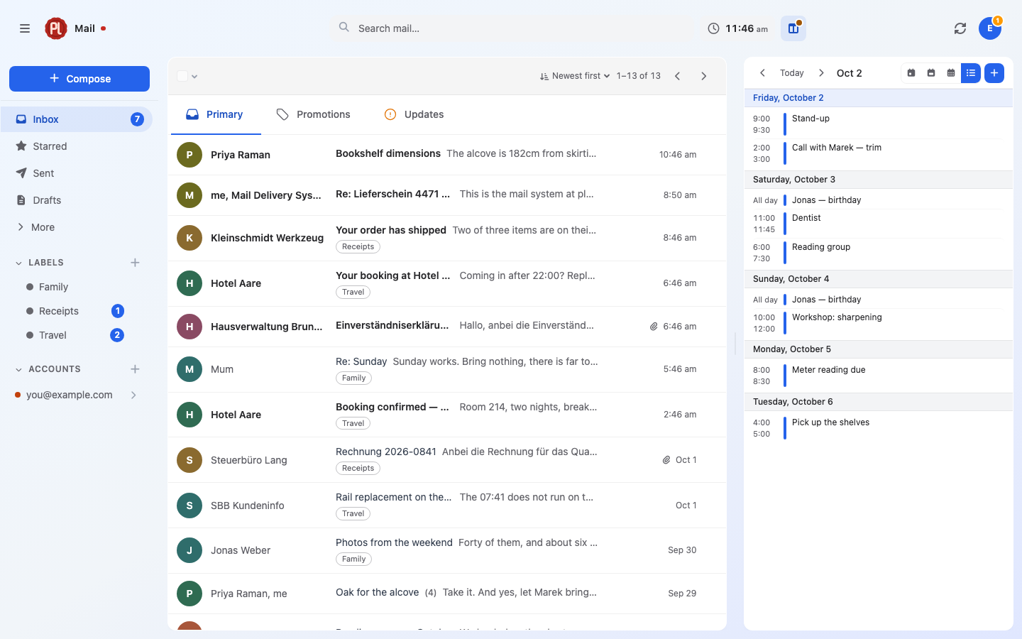 The plMail inbox