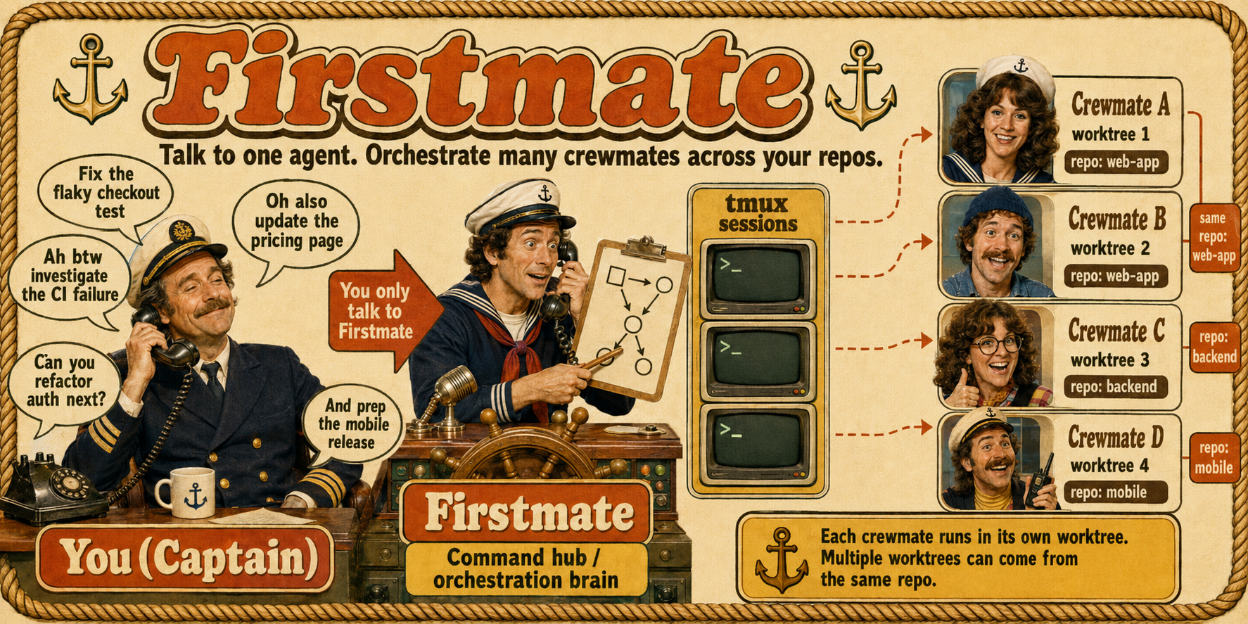 https://github.com/kunchenguid/firstmate/blob/HEAD/firstmate - talk to one agent, ship with a crew