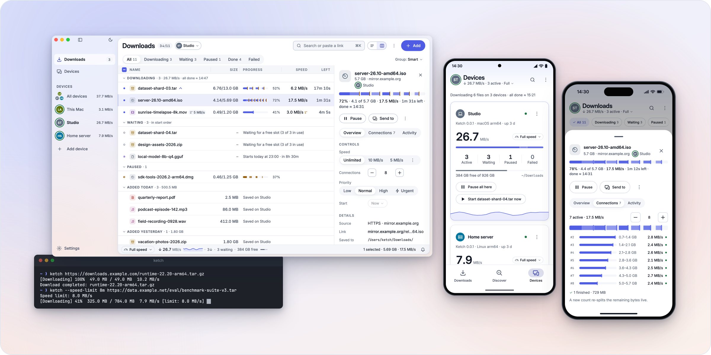 https://github.com/linroid/Ketch/blob/HEAD/Ketch on the desktop, Android, iOS and the command line: the downloads table with each download split into live connection lanes, the devices on Android, a download's connections on iOS, and ketch in a terminal