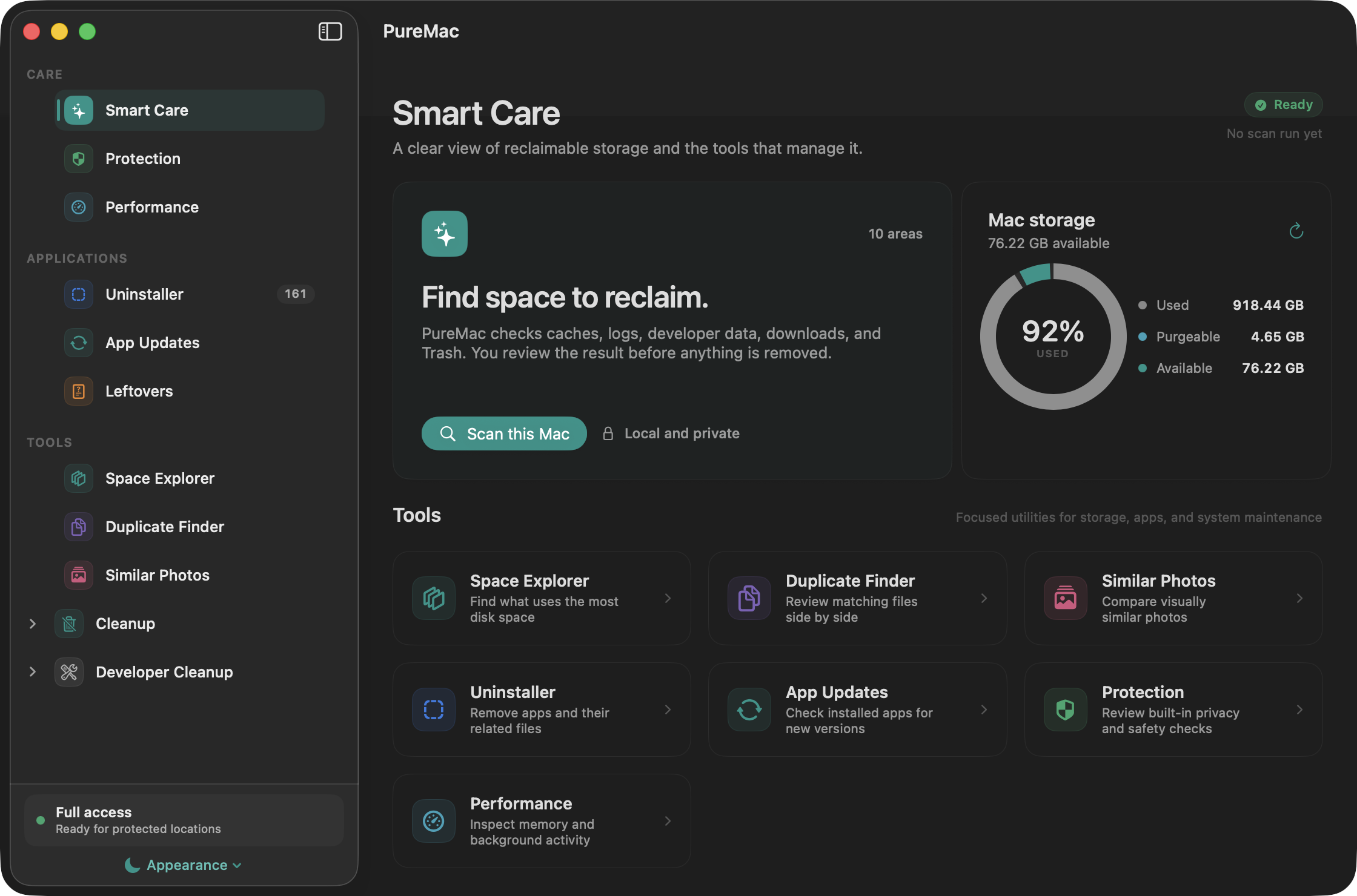 https://github.com/momenbasel/PureMac/blob/HEAD/PureMac Smart Care in dark appearance